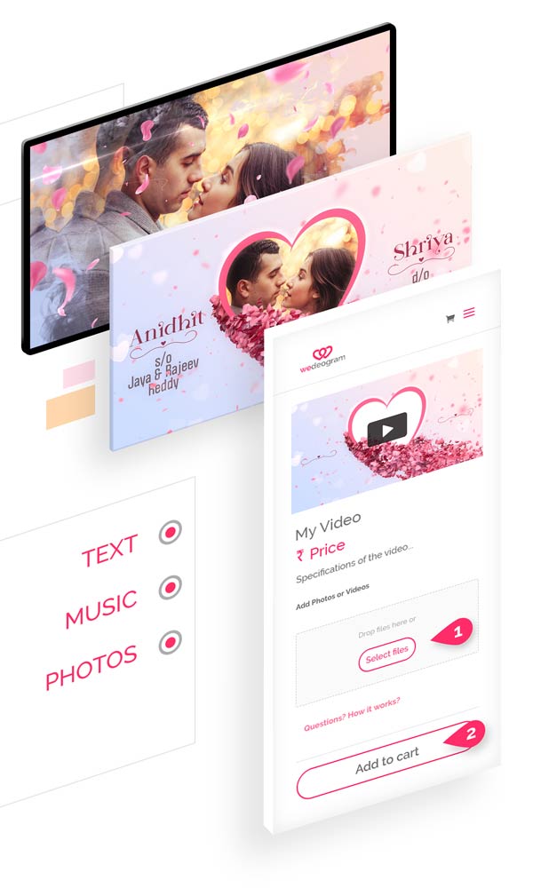 3 simple steps to Customise Elegant Wedding Invitation Video with photos, text and more at wedeogram